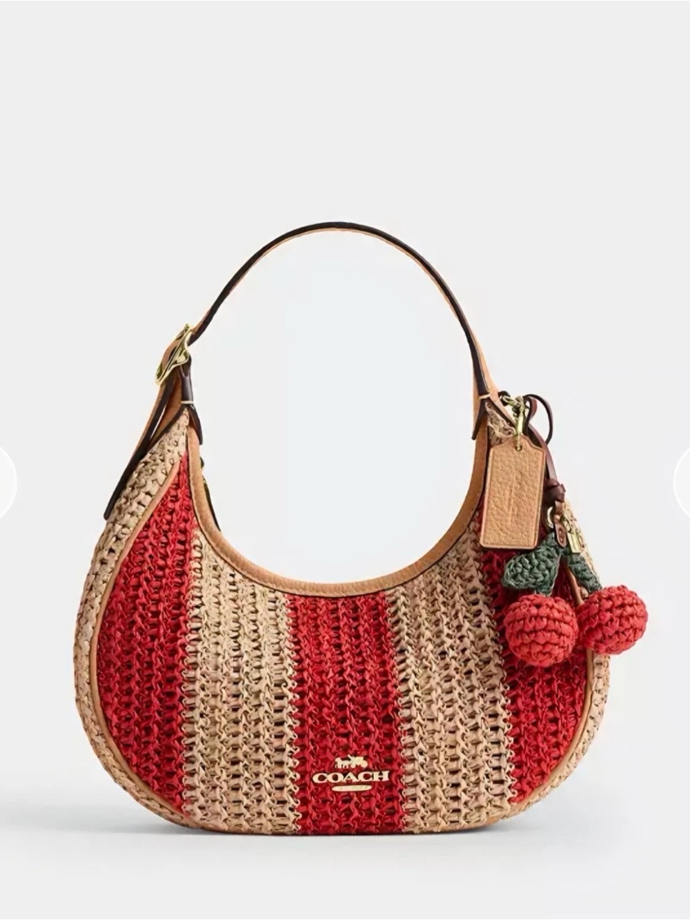 NWT Coach Emily Shoulder Bag Straw with Stripes Charm Gold Red Tan Leather CEN03